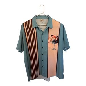 Hardaddy Mens XL Blue Toucan Cocktail Bowling Shirt Tropical Short Sleeve Retro